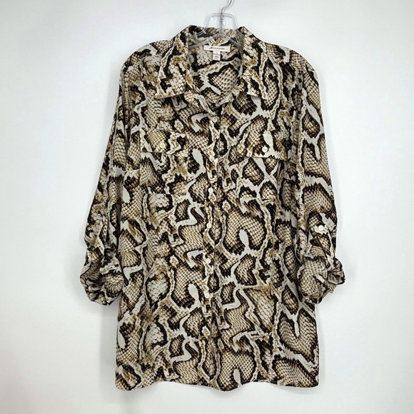 JM Collection Womens Size 16 Button Front Blouse Beige Black Snake Animal Print - Picture 1 of 10